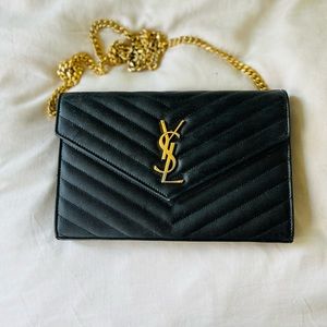 Saint Laurent Black Large Monogramme Quilted Leather Wallet on a Chain